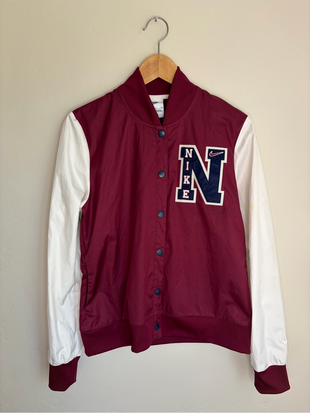 Nike Women's Maroon and White Varsity Jacket with Navy Crest